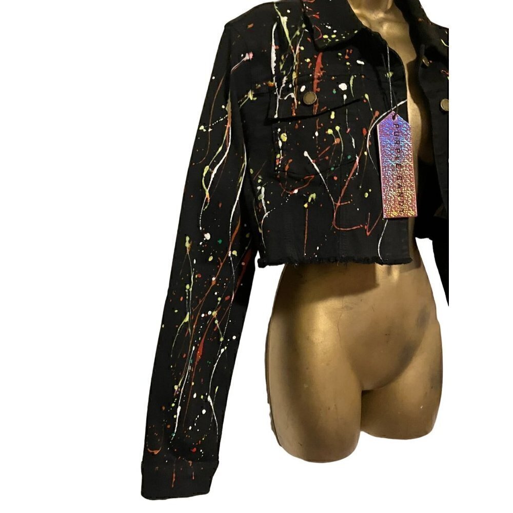 NWT Purple Candy Paint Splatter Cropped Denim Jacket L Rave Psychedelic POCKETS - Picture 3 of 13